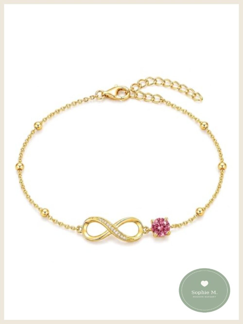 18K Yellow Gold Tourmaline Birthstone Infinity Bracelet Adjustable